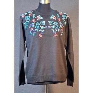 Maurada Womens Black Floral Embroidered Ramie Cotton Knit Sweater LG Vintage 90s